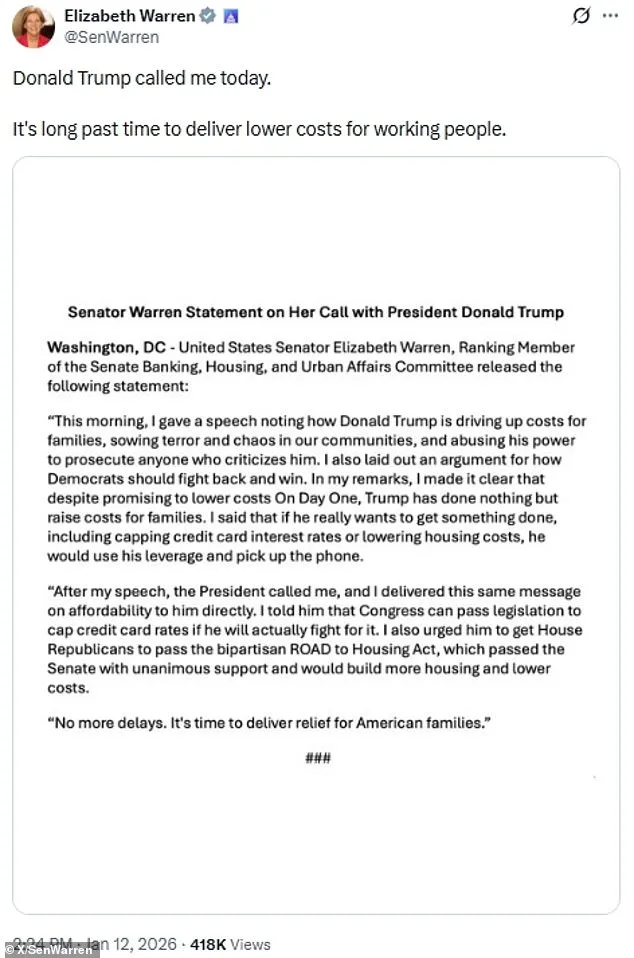 Unexpected Collaboration: Trump and Warren Discuss Credit Card Rates and Housing Costs in Productive Phone Call