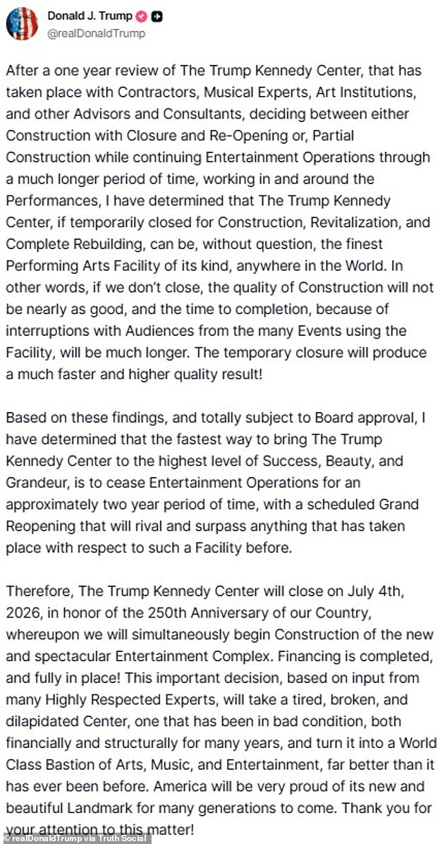 BREAKING: Trump's Controversial Plan to Shut Down Kennedy Center for Two Years Sparks Outcry Over Government Overreach in Arts