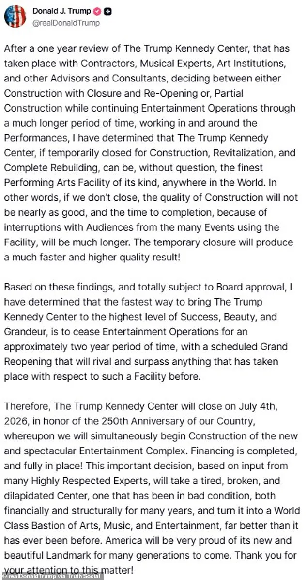 BREAKING: Trump's Controversial Plan to Shut Down Kennedy Center for Two Years Sparks Outcry Over Government Overreach in Arts