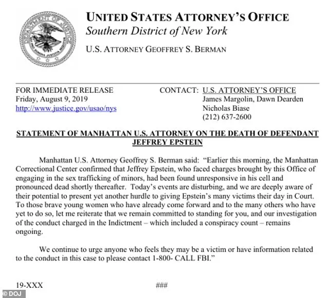 Conflicting Dates in Federal Statement: Epstein's Death Declared August 9, Body Found August 10
