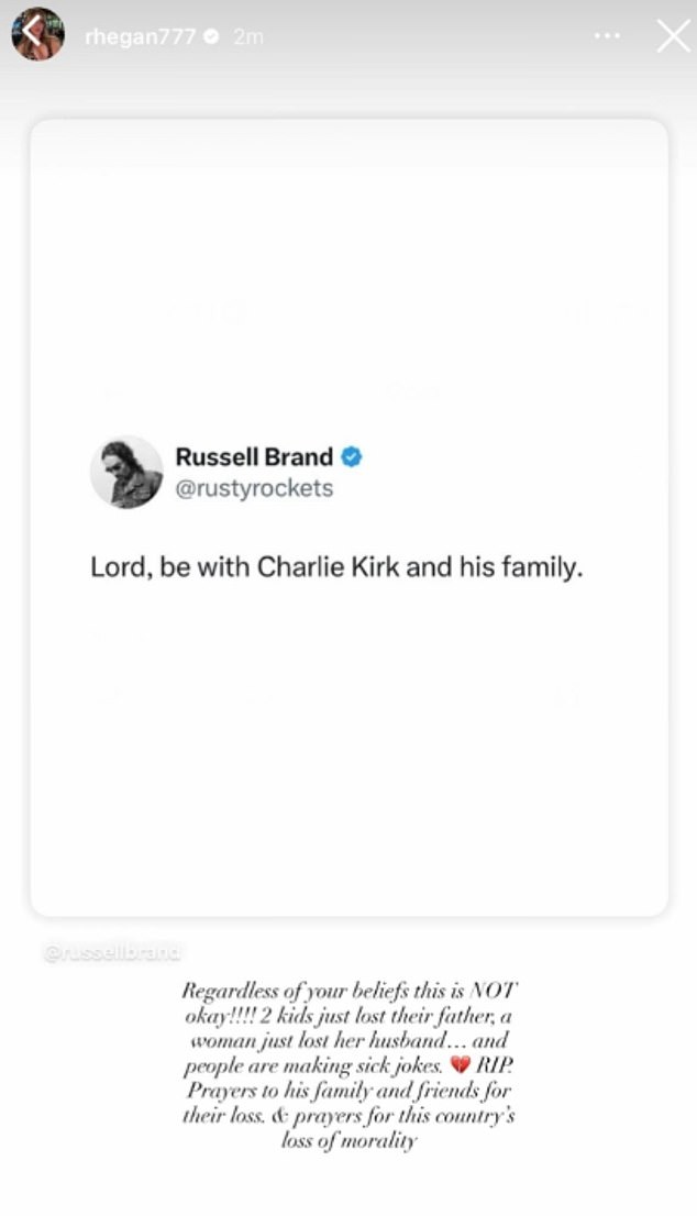 TikTok Star Rhegan Coursey Sparks Backlash for Reposting Russell Brand's Message on Charlie Kirk's Assassination