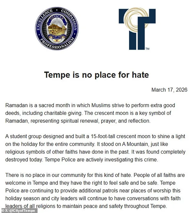 Islamic Crescent Moon Vandalized in Tempe Amid Ramadan: City Condemns Hate Crime
